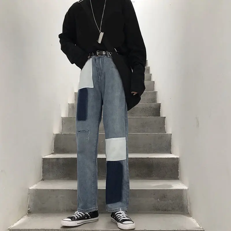 

New autumn Korean jeans women's patch hole high waist loose show thin drape feeling straight tube wide leg pants women
