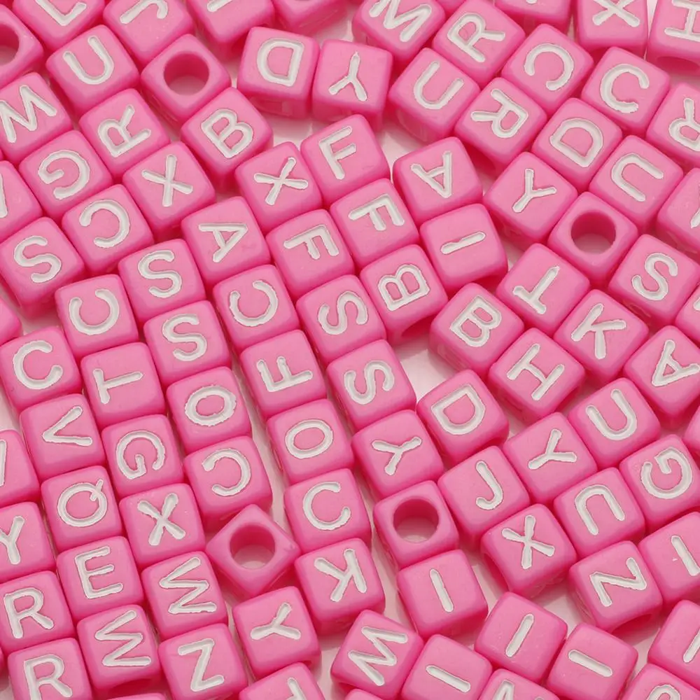 

100pcs Cube 26 Alphabet Pink Acrylic Beads White letter Loose Spacer Beads For Jewelry Making Diy Women children Bracelets 6X6MM