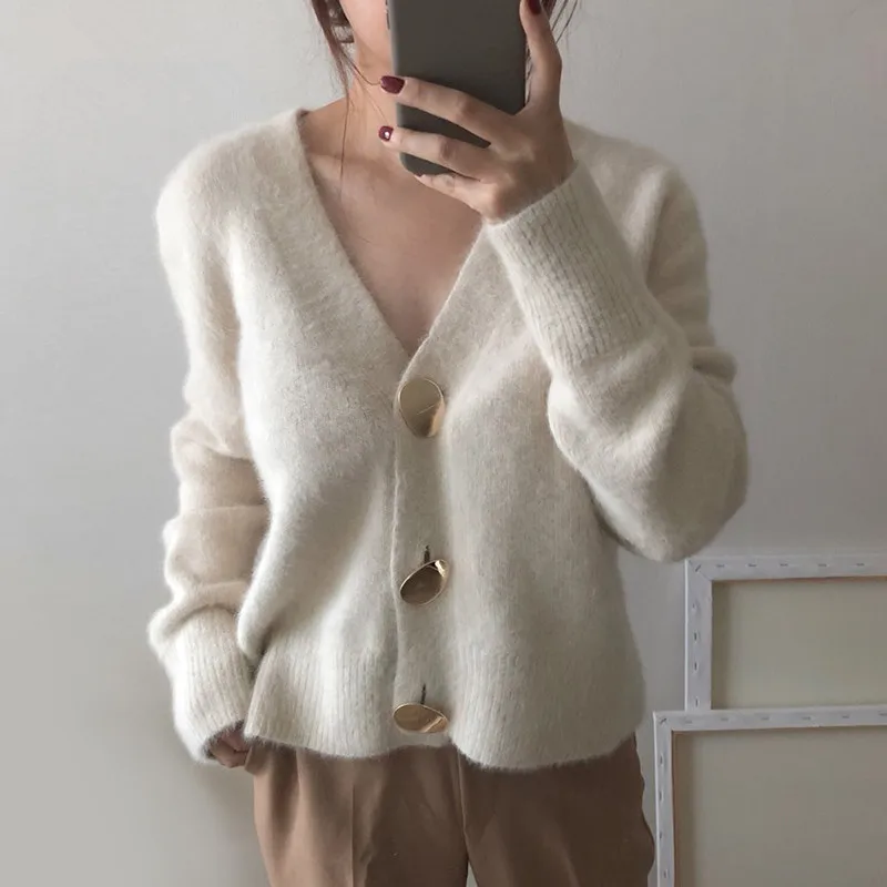 2021 Autumn Winter Fashion Women Mink Cashmere Cardigan Sweater Female V-neck Knitted Long haired mink cashmere sweater |