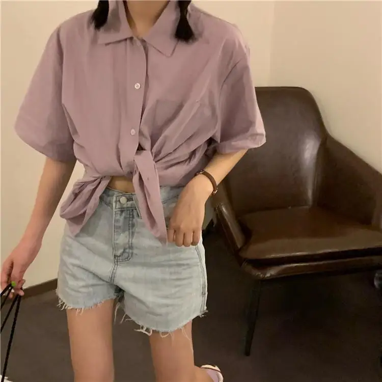 

Shirts Women Short Sleeve Blouses Solid Bf Oversize Loose Turn Down Collar College Simple Womens All-match Harajuku Summer Chic