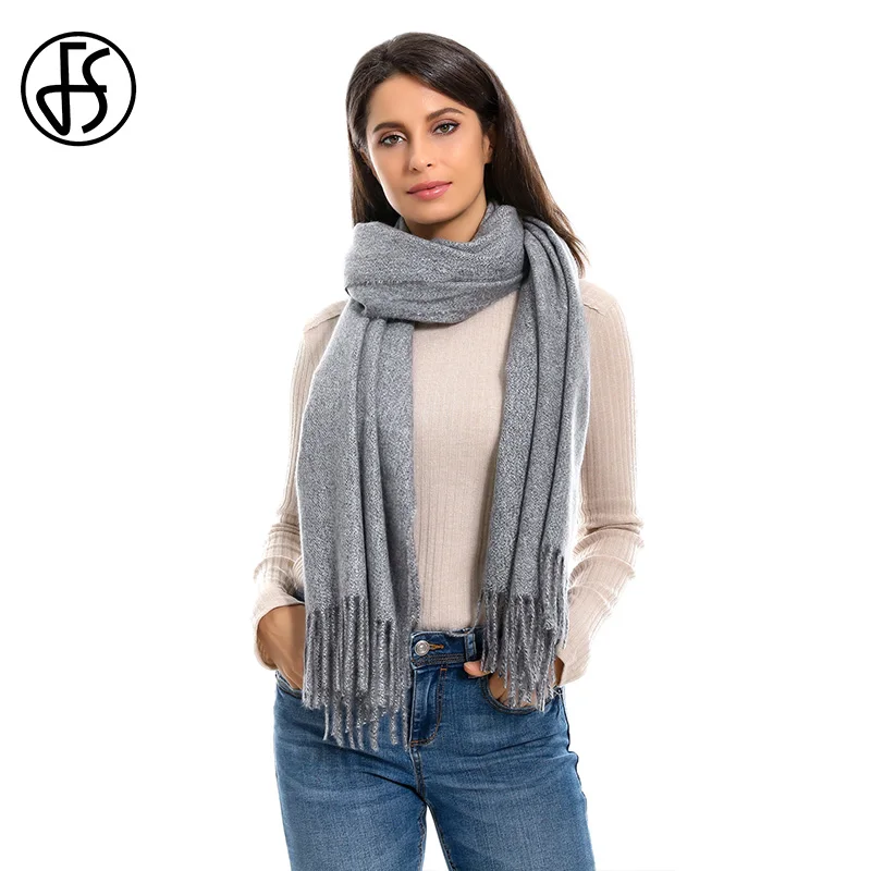 

FS New Winter Warm Solid Knitted Wool Scarf Shawl For Woman Ladies Long Tassel Gray White Blanket Scarves Women 2019