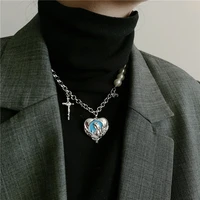 u magical head portrait asymmetric blue love heart cross pendant necklace for women rhinestone faux pearl chain necklace jewelry