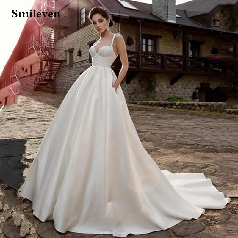 

Свадебное платье принцессы Smileven А-силуэта, атласное кружевное платье невесты на бретелях-спагетти, женское платье