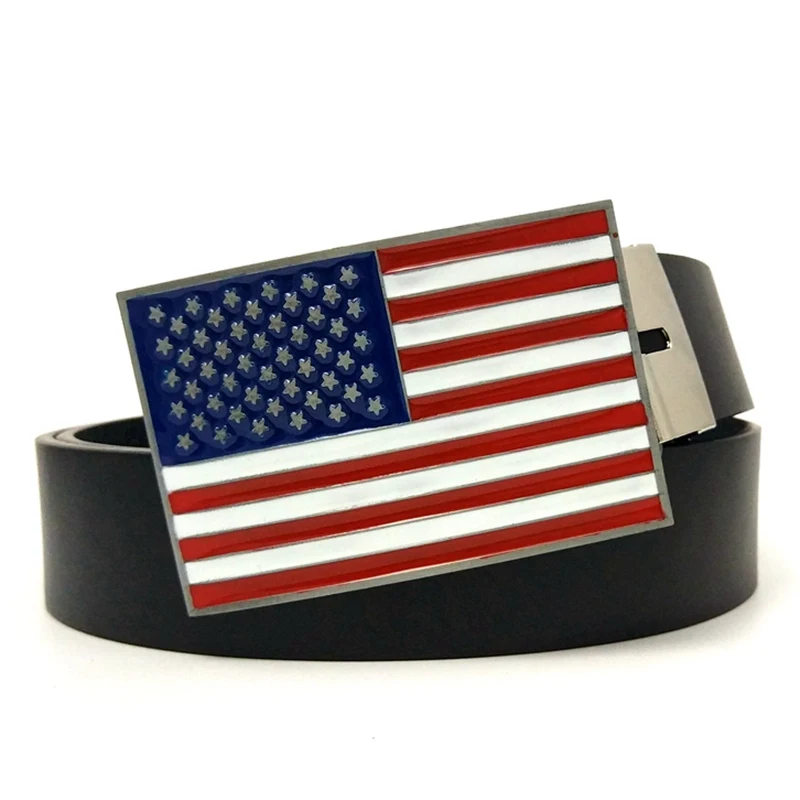 Casual Black PU Leather Boys Men Belts with American Flag the Stars and the Stripes Big Metal Buckle Western Cowboy Accessories