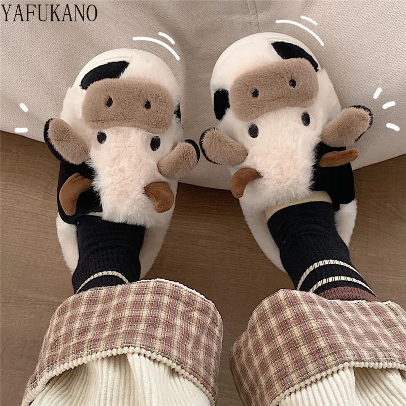 

Cute Cartoon Dairy Cow Cotton Slippers Female Winter Shoes Thick Sole Non-Slip Warm Furry Home Shoes Soft Cozy Casual Shoes