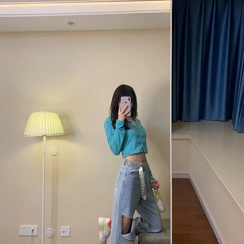 

Autumn thin perforated jeans women's high waisted slim pants