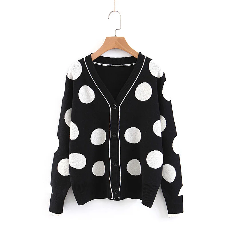 women sweater knitted long sleeve black white polka dot cardigans loose V neck autumn winter elegant M0086 |
