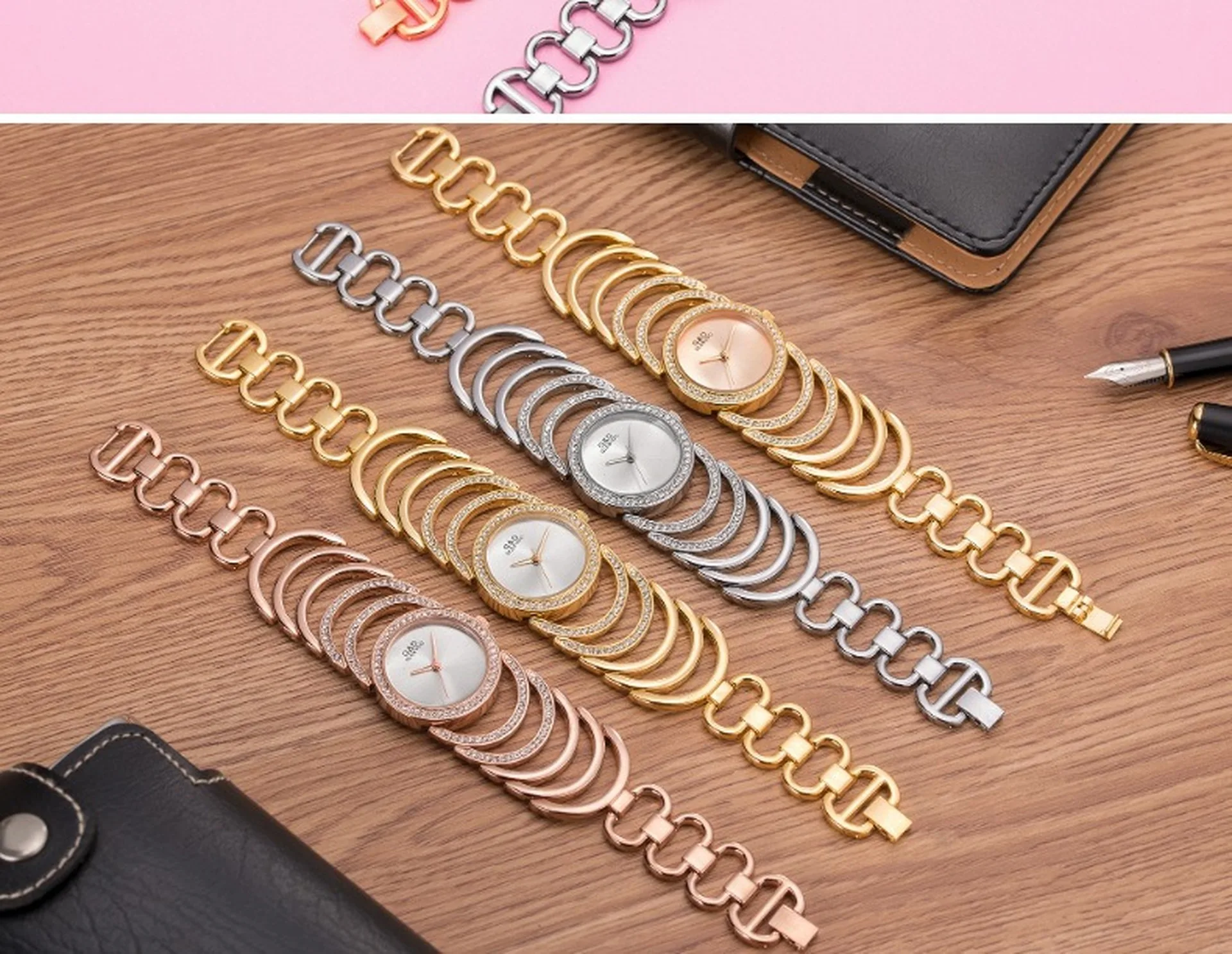 Часы женские кварцевые под розовое золото с браслетом из нержавеющей