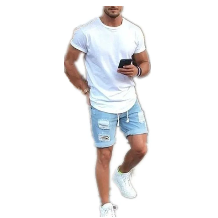 

2021 Men's Ripped Distressed Flanging Lace-up Denim Shorts Solid Color Trendy Shorts