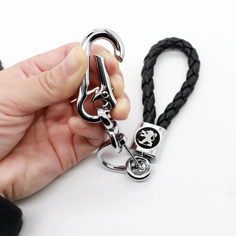 

Auto parts Metal 360 Degree Rotating Key Chain 3D business leather braided rope keychain for PEUGEOT-logo