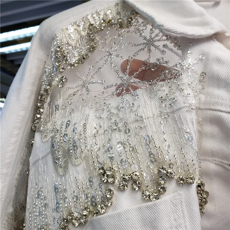 

Spring 2021 New Fashion Lapel Long Sleeve Short Denim Jacket Women's Sequined Lace Spliced White Denim Coats Female