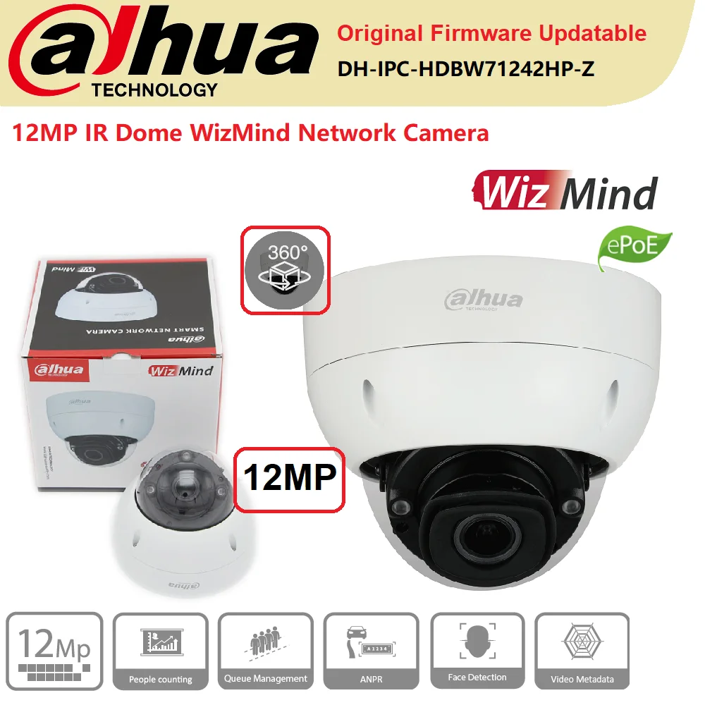 

Dahua IP Camera Original IPC-HDBW71242H-Z 12MP IR40 Dome WizMind Network ePoE Perimeter Protection Face Detection IP67/IK1