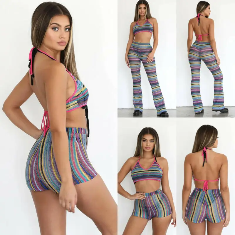 2019 пикантные Для женщин крючком ремни платье с v образным вырезом топы + шорты