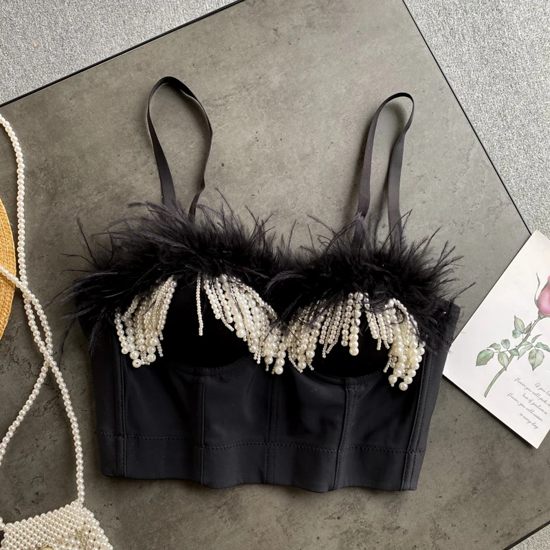 Sexy and Club Style Pearl Tassels and Fur Decorated Spaghetti Strap Top Women Short Design Bra Top TN1750