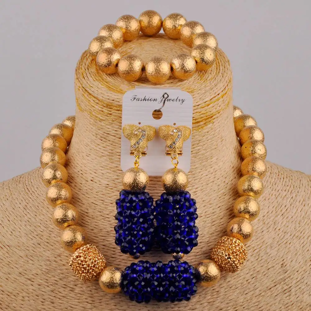 

Королевский синий африканский бисер золотой цвет Ювелирные наборы для женщин нигерийский Свадебный Кристалл ожерелье серьги браслет набор