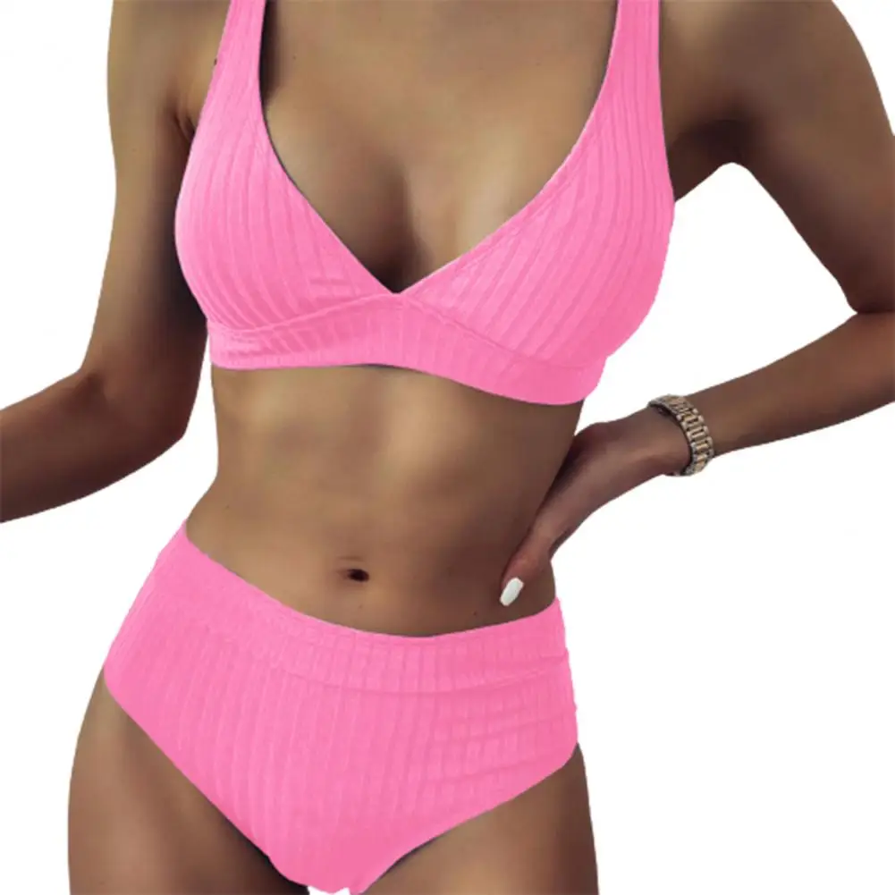 

Sexy Bikini Set Solid Color Deep V Neck Two Pieces Set Women Ribbed Bra Briefs Swimwear Summer Beachwear 6 Color Zwempak