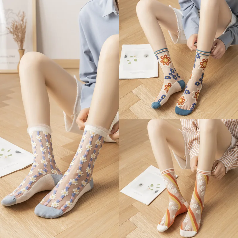 

Летние тонкие красные носки из стекла и шелка в японском стиле женские хлопковые носки средней высоты с цветком канекалона модные носки Ins