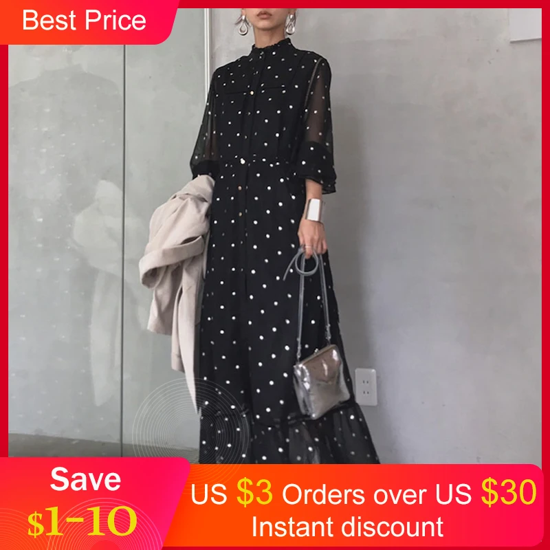 Элегантное женское длинное платье с оборками винтажное черное Сетчатое макси в