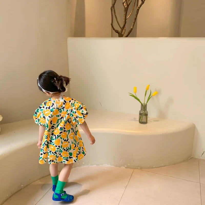 

2021 Summer New Children Clothing Girls Flower Cotton Bubble Short-sleeved Dress Princess Baby Kids Holiday Clothing