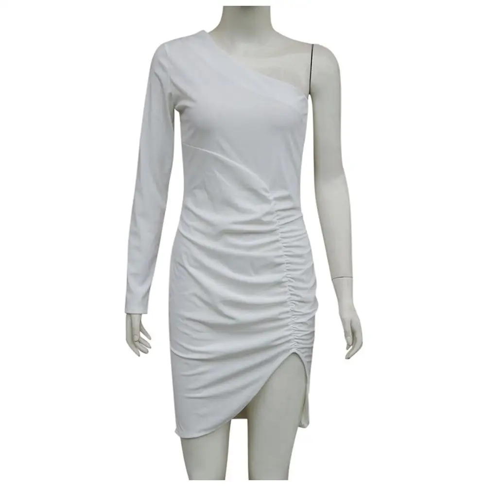 Сексуальное платье на одно плечо 2020 Женская одежда с длинным рукавом белый