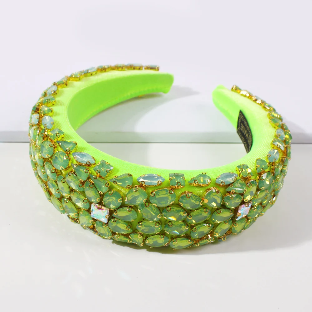 

Green Rhinestone Headbands for Women Hair Accessories Padded Baroque Geometric Crystal Hairband Trendy Luxury Diamante Headdress