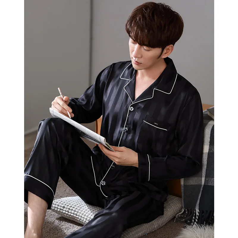 

Satin Nightgowns for Men Silk Pyjamas Sleep Wear Men Pyjama Soie Thin Long Sleeve Loose Large Size Home Service Set Ropa Hombre