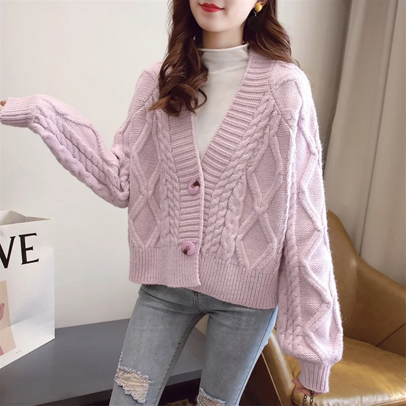 

SURMIITRO Coarse Knitted Cropped Cardigan Women 2021 Autumn Winter Long Sleeve Short Cardigan Female Sweater Coat Knitwear