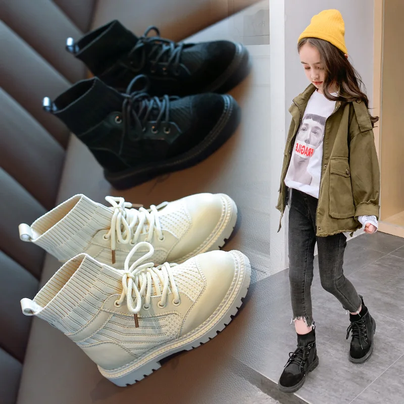 Новинка Осенние детские Ботинки Martin Детские носки Ботильоны Брендовая черная