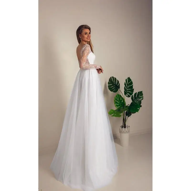 

White Lace Tulle V-Neck Long Sleeves Floor-Length Princess A-Line Wedding Dresses Custom Made