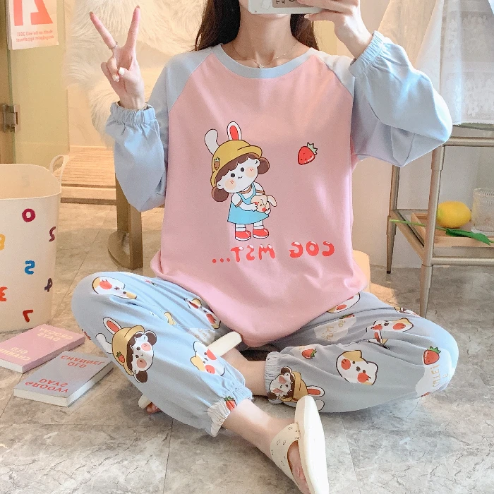 

Пижамный комплект Женский из мягкого хлопка, одежда для сна, повседневные свободные длинные брюки с длинным рукавом, Осень-зима