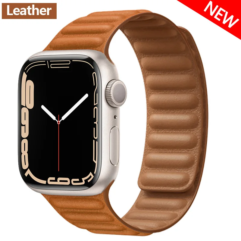 Leather Link For Apple Watch Band 45mm 41mm 44mm 40mm 49mm Original Magnetic Loop bracelet iWatch Series 8 Ultra 3 SE 6 7 Strap