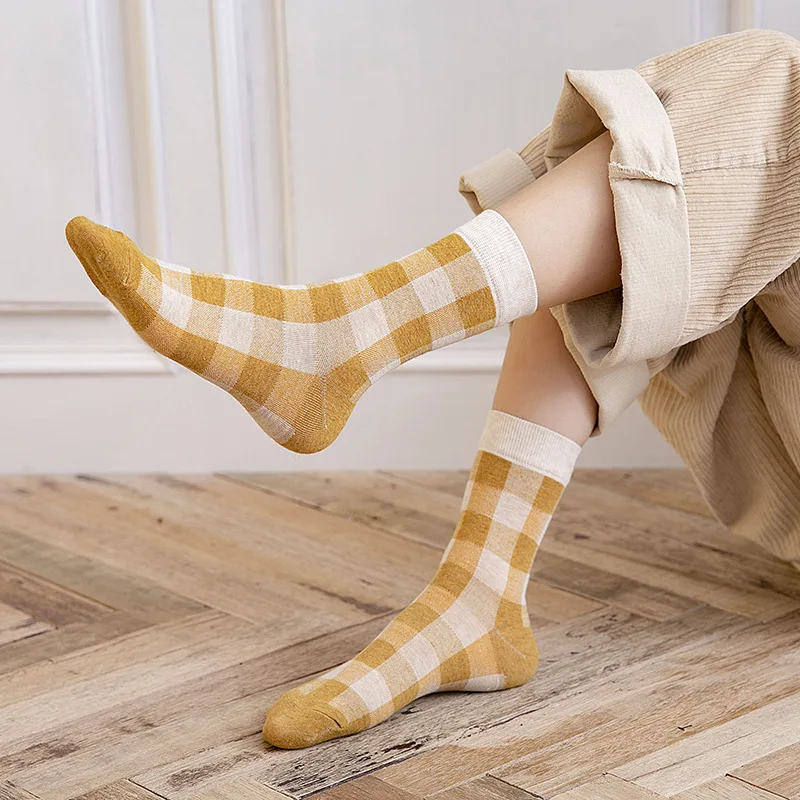 

1 пара креативных повседневных Хлопковых Носков в клетку, новые удобные дышащие женские носки с двойной иглой, женские длинные носки