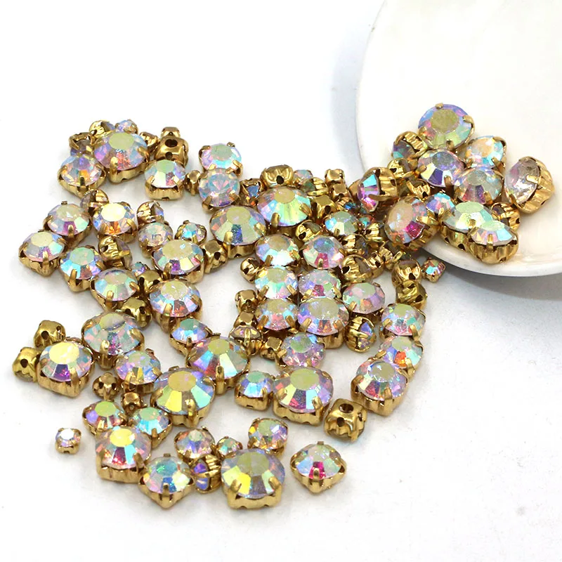 New arrival 100pcs/pack Mixed size glass crystal beads gold base sew on AB rhinestones diy apparel accessories