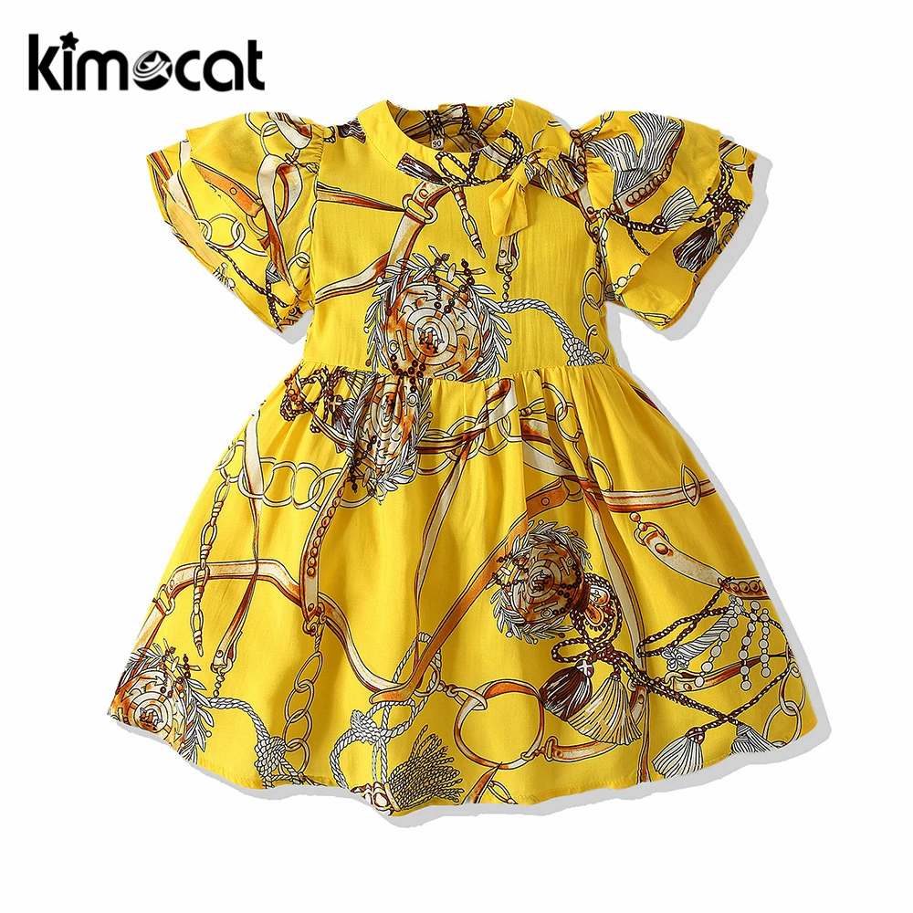 

Kimocat, одежда для маленьких девочек, Европейская станция, летнее Новое хлопковое платье принцессы с короткими рукавами и узором в этническом ...