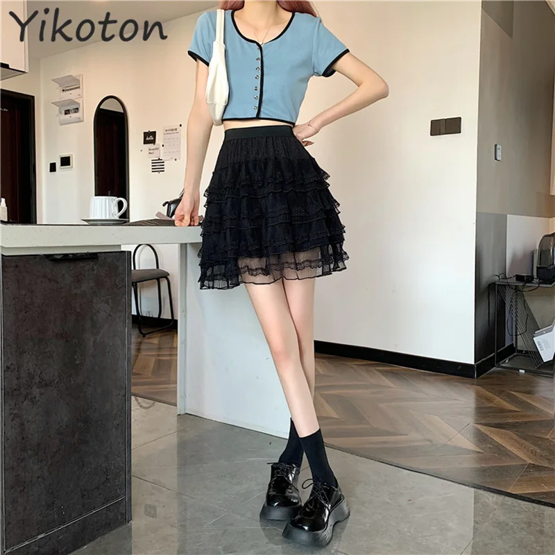 

Women's Skirt 2021 Summer New Style Korean Fashion Kawaii Mini Skirts Lace Black White Sweet and Cute Student High-waisted Skirt