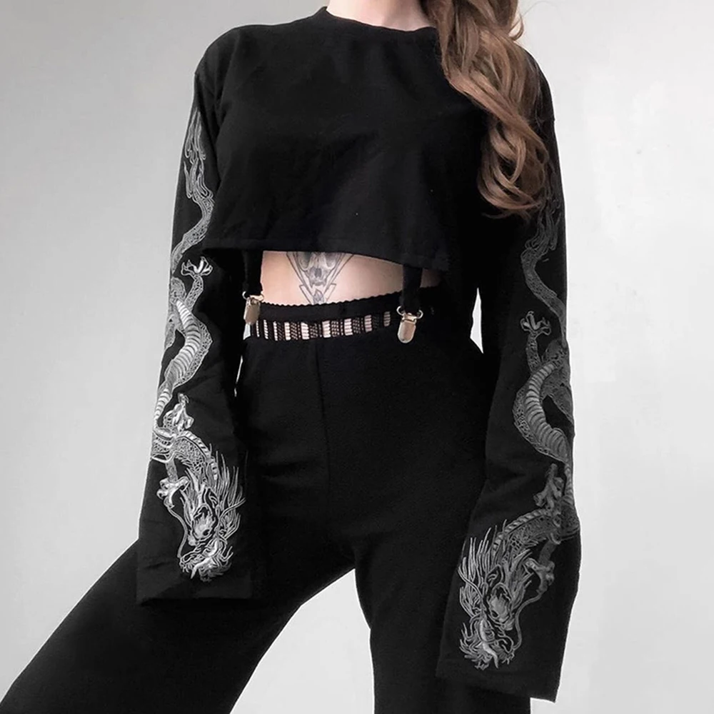 Женские свитшоты с круглым вырезом готические укороченные топы пуловеры длинным