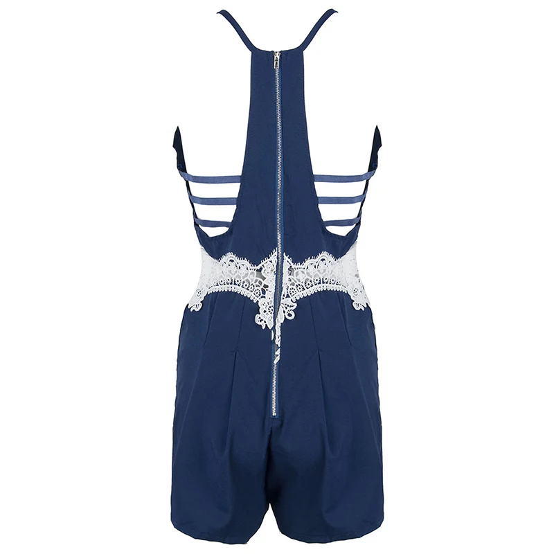 

Summer Women Sexy Playsuits Suspenders Casual Jumpsuit Hanging Collar Lace Patchwork Backless Beach Sleeveless Playsuit