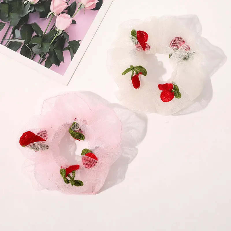 

Sweet Cherry Strawberry Organza Hair Rope Handmade Embroidery Hair Ring Gauze Fruit Print Scrunchie Elastic Hair Rubber Band