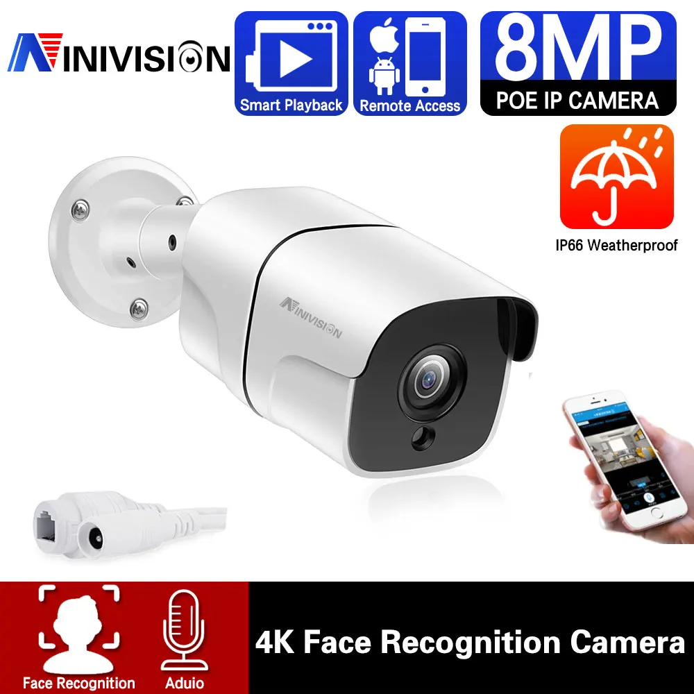 

IP-камера NINIVISION 4K POE с функцией распознавания лица, водонепроницаемая, IP66, 8 МП