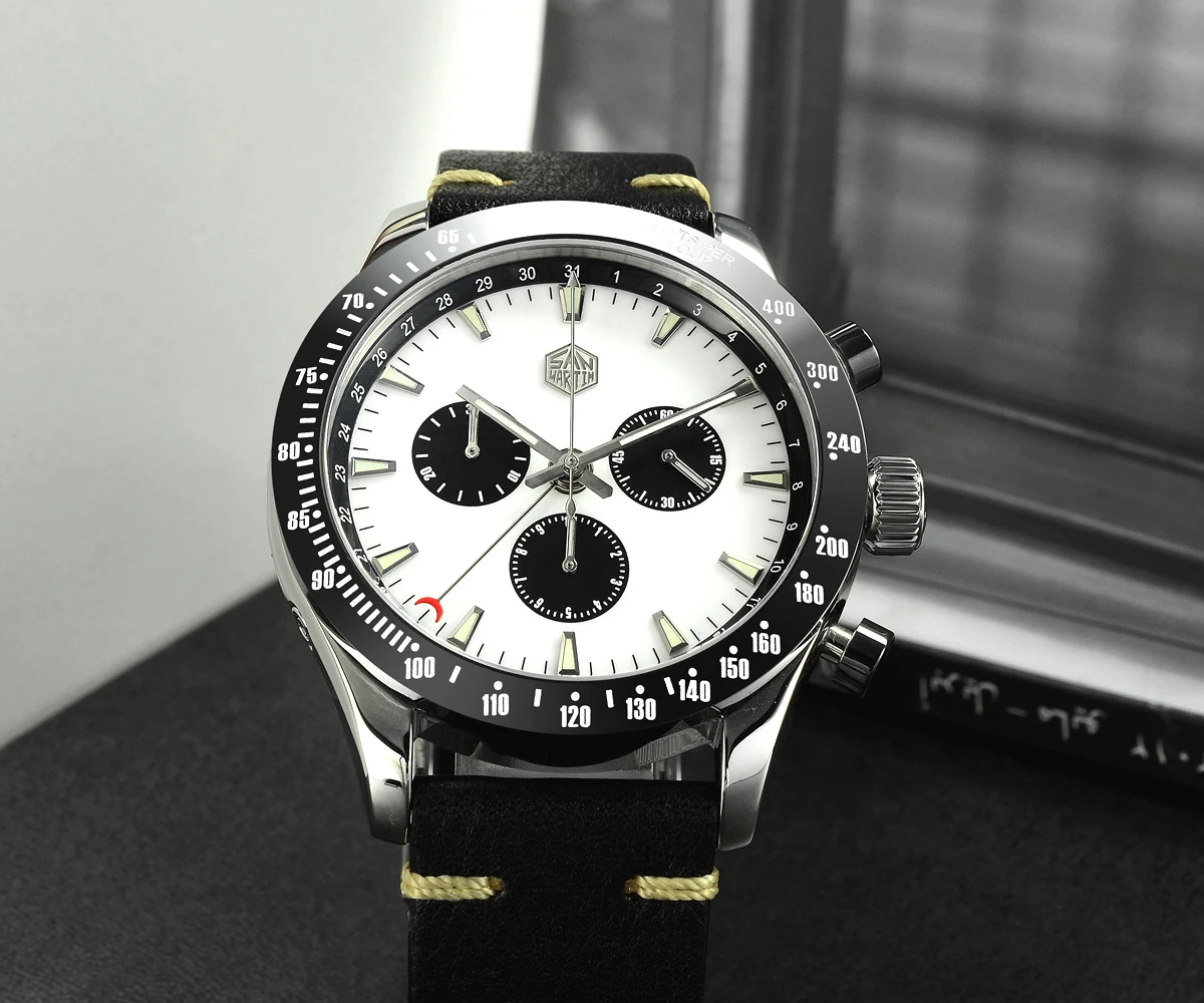 Lugyou San Martin Quartz Watch Men Chronograph Timepiece Sun ray Metal Band Sub Dials Pusher Sapphire 100m Water Resistant Glow