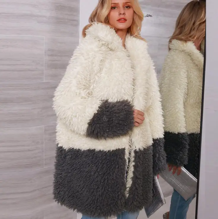 Осенняя куртка из искусственной норки женская зимняя контрастных цветов длинное