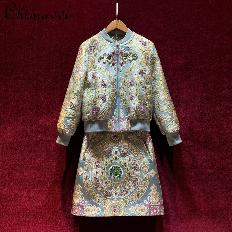 

Женская короткая юбка с бусинами, приталенная куртка с длинным рукавом, в стиле ретро, Осень-зима 2021, 2 шт.