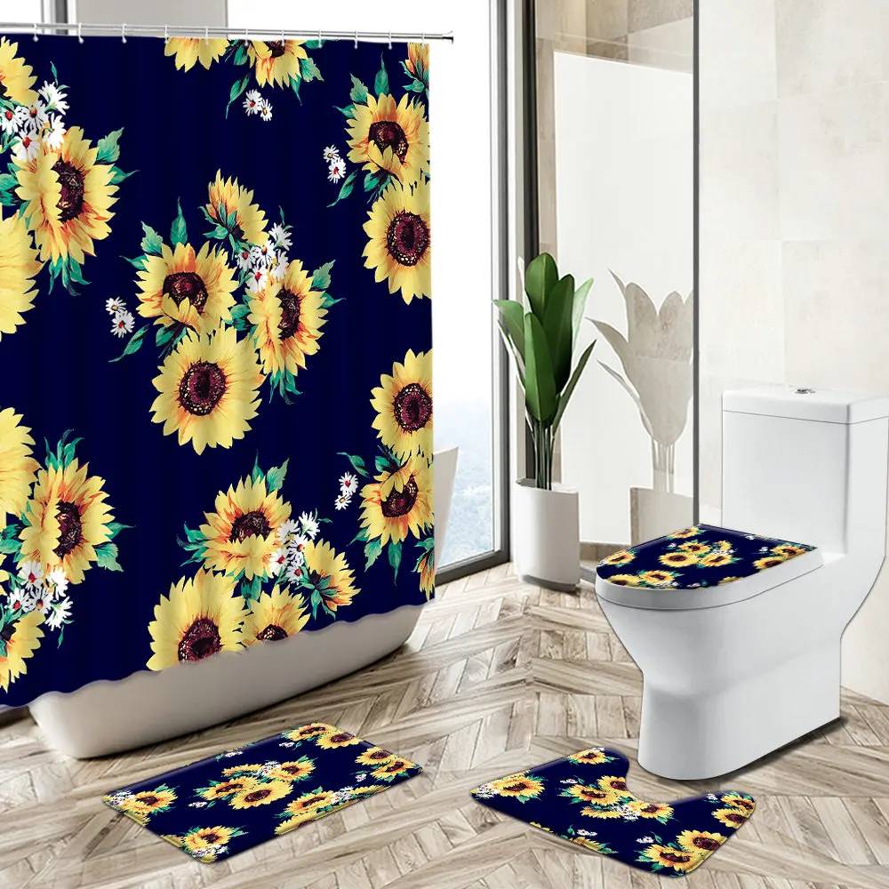 Miglior Girasole Arcobaleno Modello Tenda Da Doccia Fiore Giallo Pianta Foglia Verde Tema Estivo Tappeto Antiscivolo Copriwater Set Da Bagno