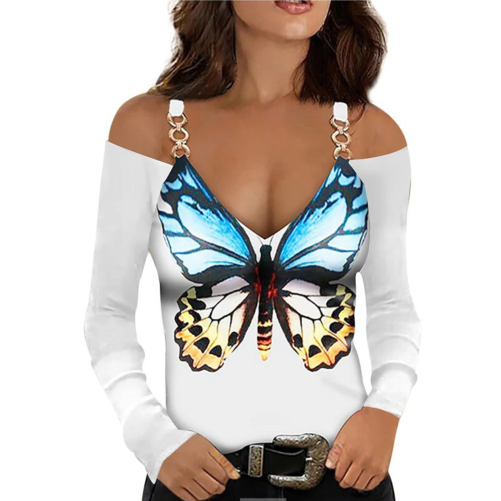 

Женская футболка с V-образным вырезом и принтом бабочек