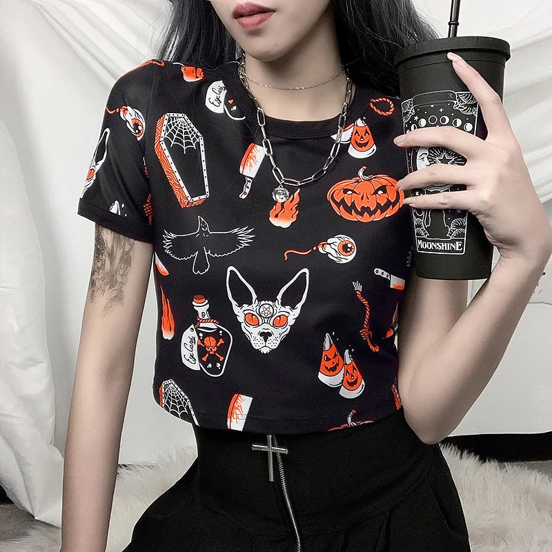 

Halloween print pattern high waist cropped pumpkin short T-shirt top girl vigorous girl summer street round neck slim T-shirt