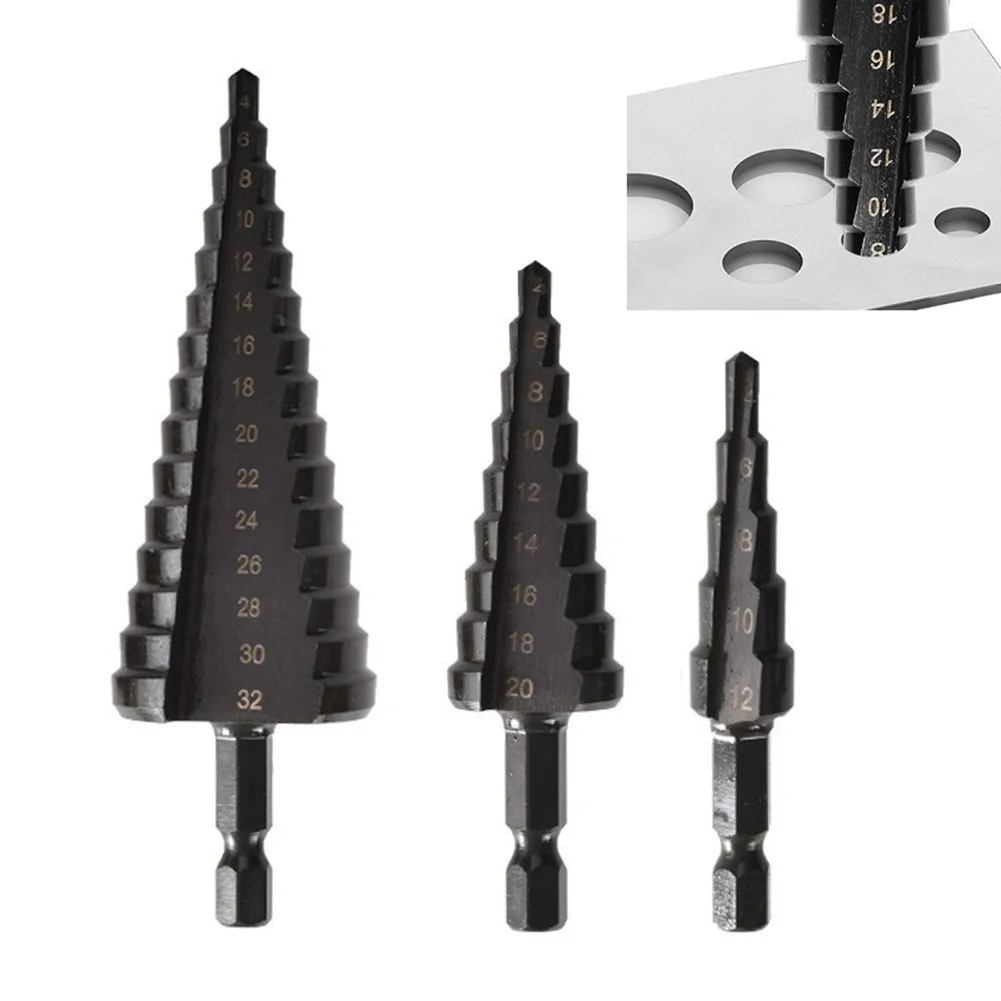 

3Pcs HSS Steel Step Cone Drill Bit Set Hole Cutter Drilling Tools 4-12 4-20 4-32mm For Metal Cone Hole Woodworking Tools