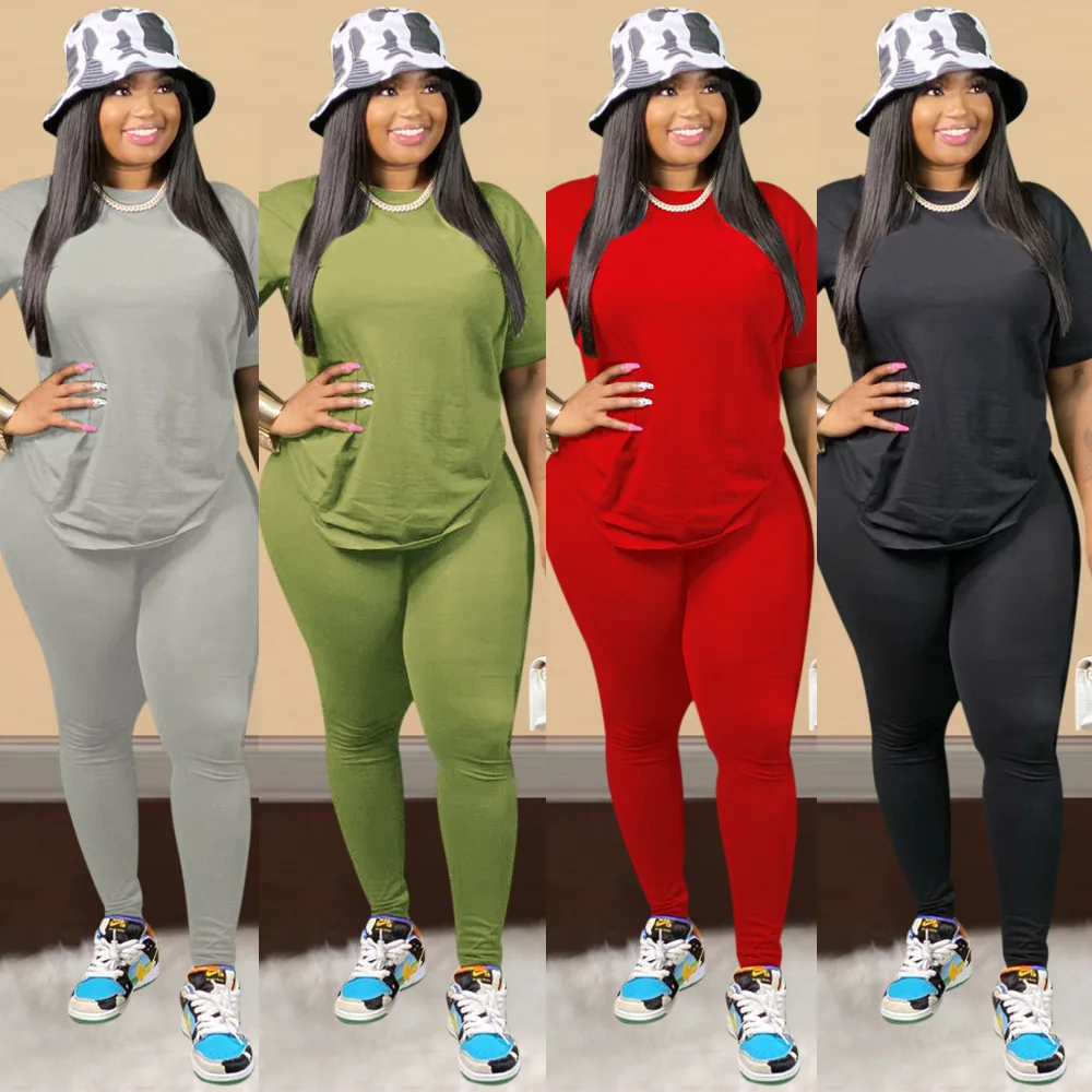 

FNOCE summer women's sets tracksuits fashion casual solid short sleeve o-neck loose tops tight trousers two-piece set sport suit