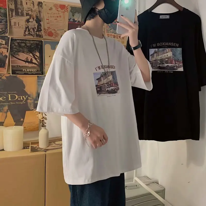 

2021 Summer New Hong Kong Style Printed Short Sleeve T-shirt Men's Fashionable Half Sleeve Top Loose Fashionable T-shirt