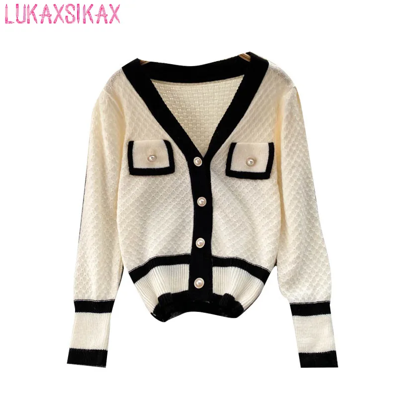 

LUKAXSIKAX New Spring Autumn Women V-Neck Long Sleeve Cardigan Sweater High Quality Fashion Color-blocked Knitted Cardigans