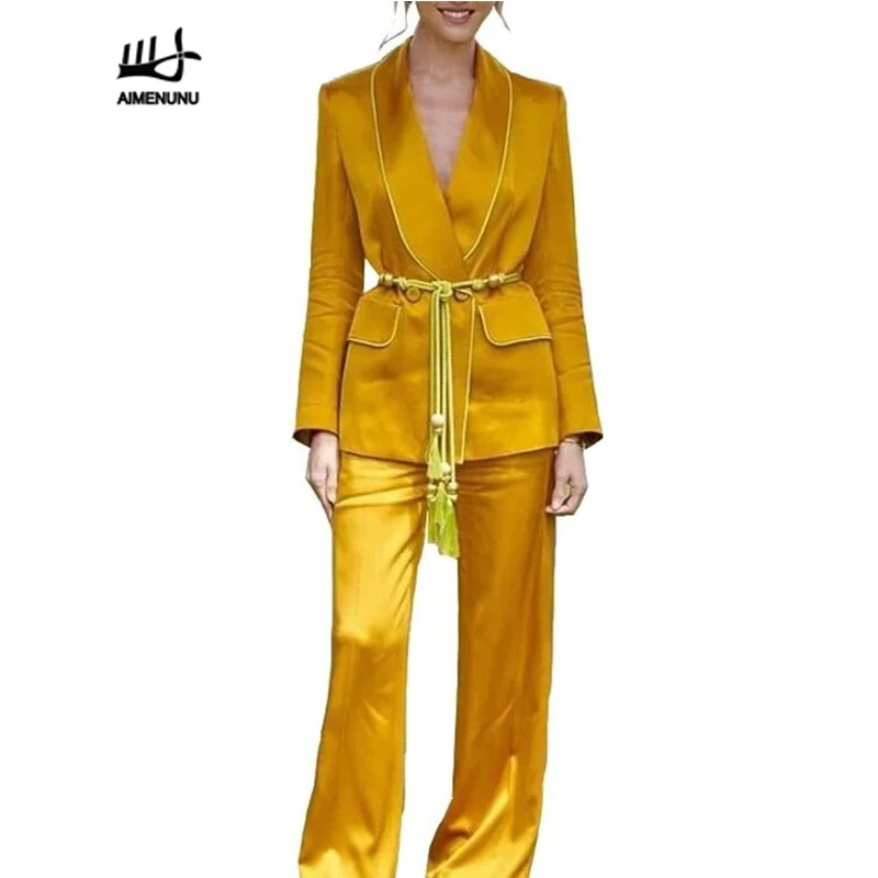 AIMENUNU желтые брюки костюмы для женщин пояс кисточкой туника с длинными рукавами